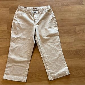 AURA Women Casual Crop Pants Cotton Stretch Beige Houndstooth Cuff Hem Size 10